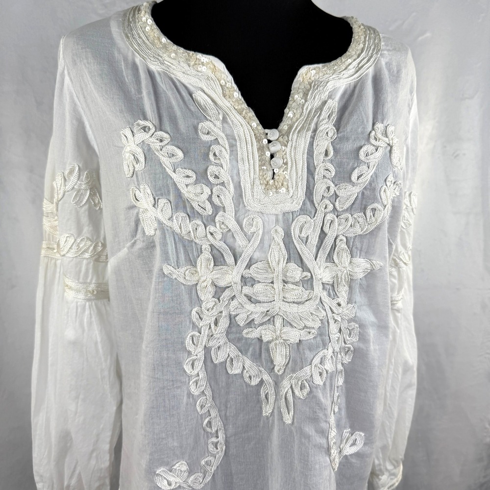 White Poet Boho Art Girl Embroidered Tunic Top 90s Indie‎ Romantic Small
